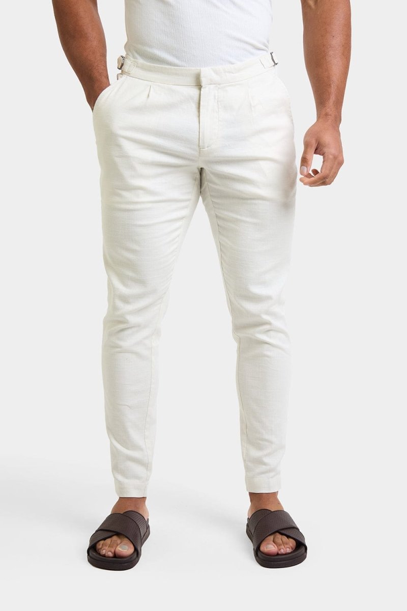 Linen Blend Cropped Pleated Pants in Chalk - TAILORED ATHLETE - USA