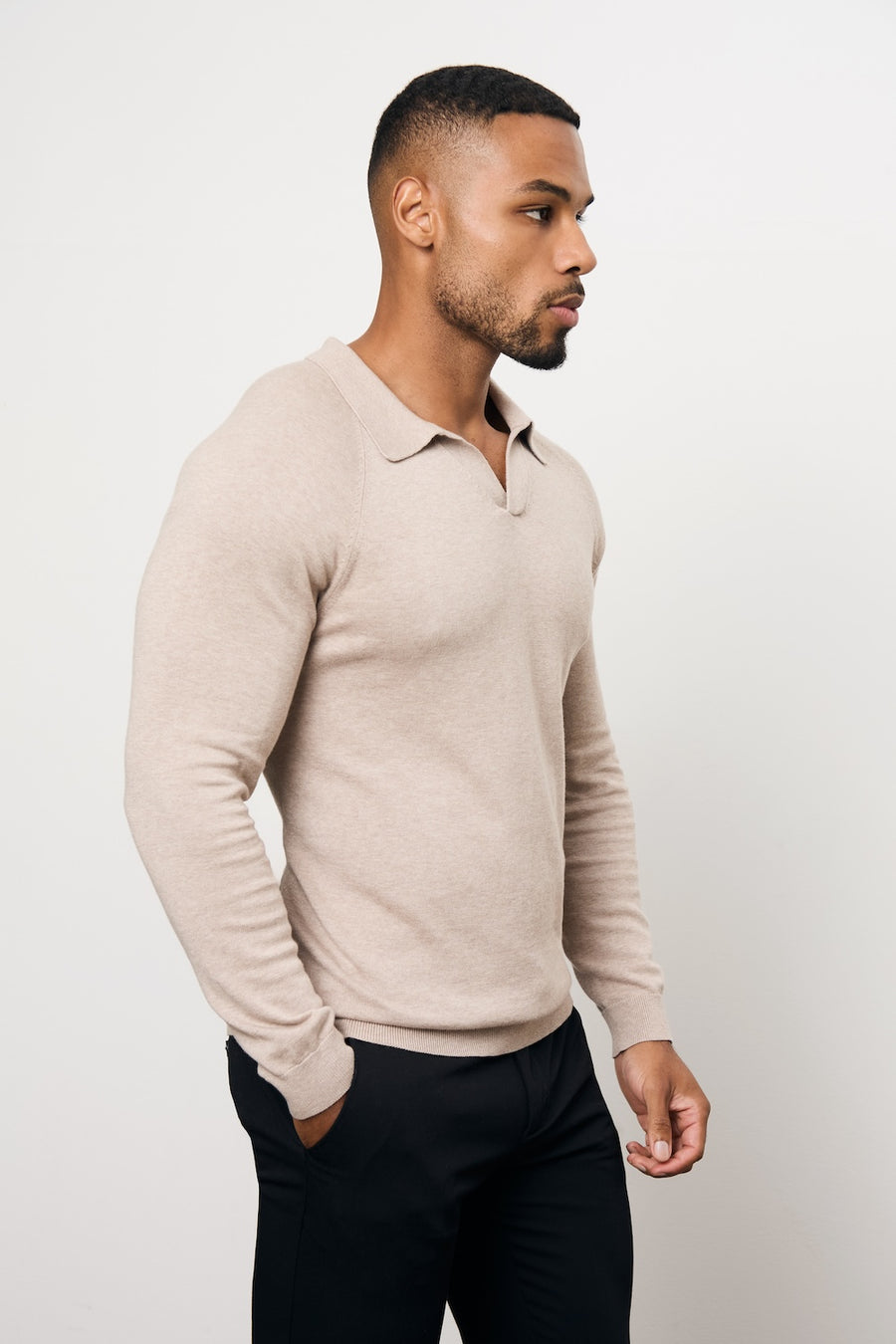 Pure Cotton Knitted Open Collar Polo Shirt in Neutral Marl - TAILORED ATHLETE - USA