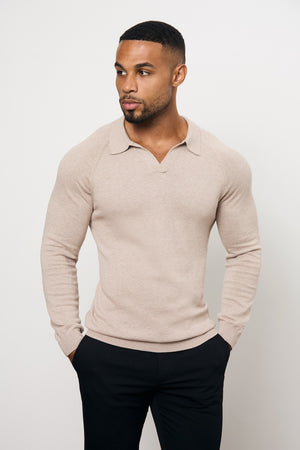 Pure Cotton Knitted Open Collar Polo Shirt in Neutral Marl - TAILORED ATHLETE - USA