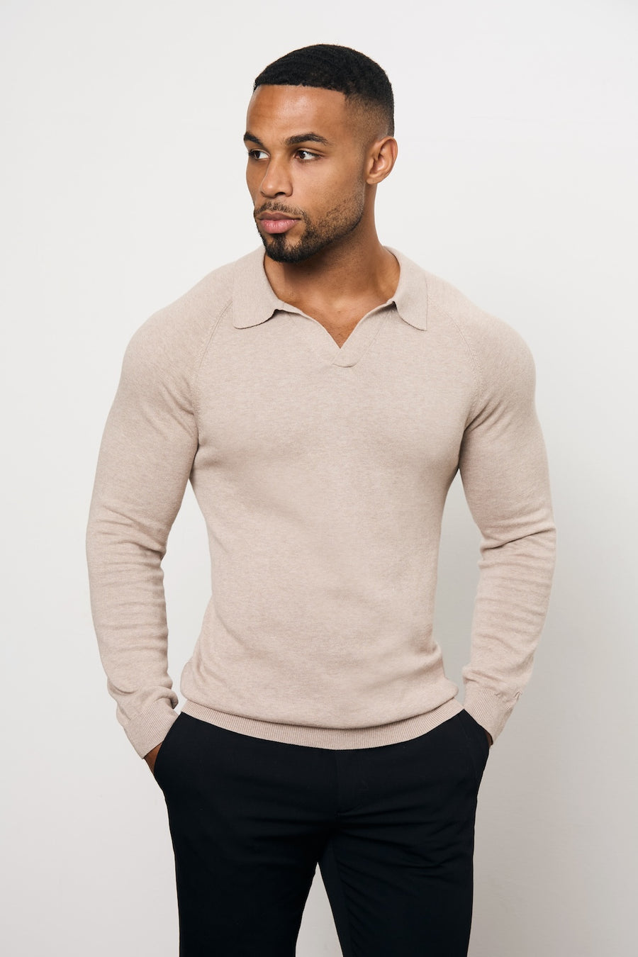 Pure Cotton Knitted Open Collar Polo Shirt in Neutral Marl - TAILORED ATHLETE - USA