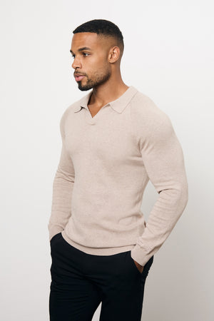 Pure Cotton Knitted Open Collar Polo Shirt in Neutral Marl - TAILORED ATHLETE - USA
