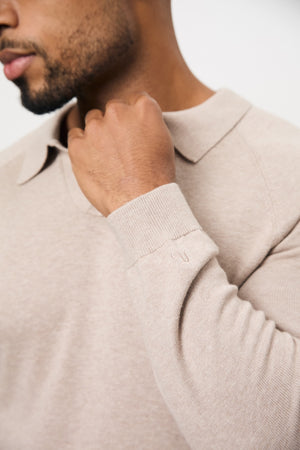 Pure Cotton Knitted Open Collar Polo Shirt in Neutral Marl - TAILORED ATHLETE - USA
