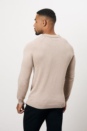 Pure Cotton Knitted Open Collar Polo Shirt in Neutral Marl - TAILORED ATHLETE - USA
