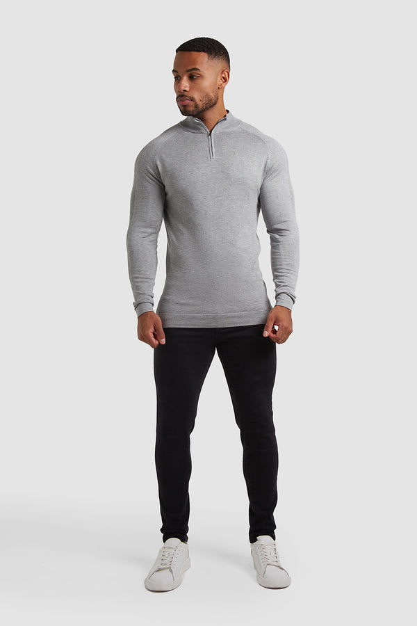 Placement Rib Half Zip Neck Long Sleeve in Light Grey Marl