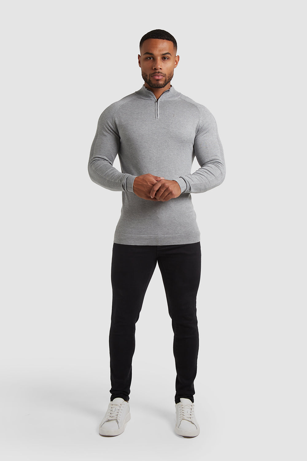 Placement Rib Half Zip Neck Long Sleeve in Light Grey Marl - TAILORED ...