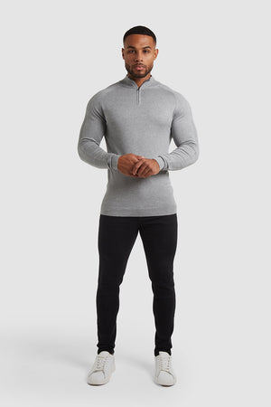 Placement Rib Half Zip Neck Long Sleeve in Light Grey Marl - TAILORED ATHLETE - USA