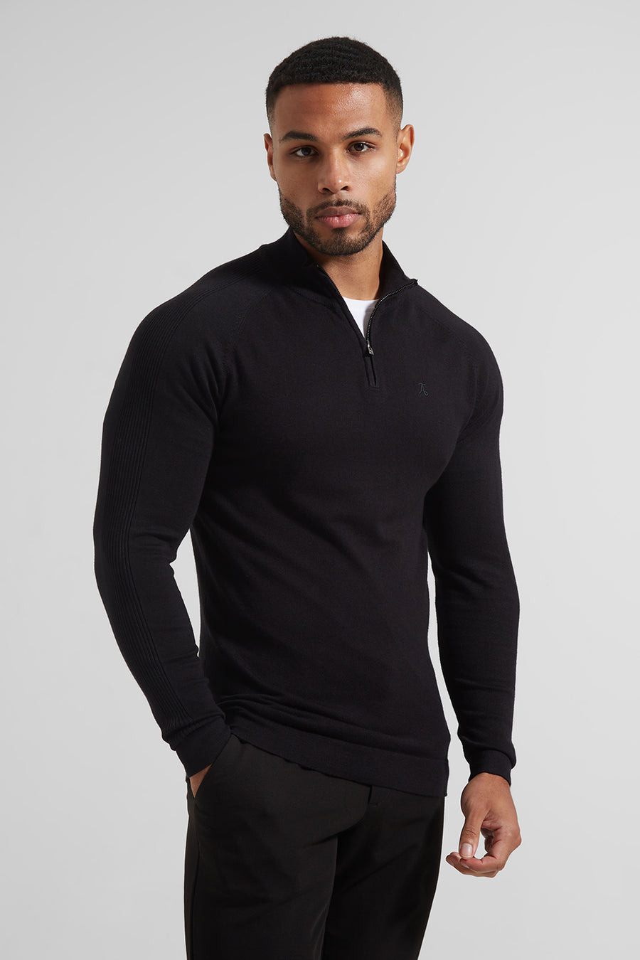 Placement Rib Half Zip Neck Long Sleeve in Black - TAILORED ATHLETE - USA