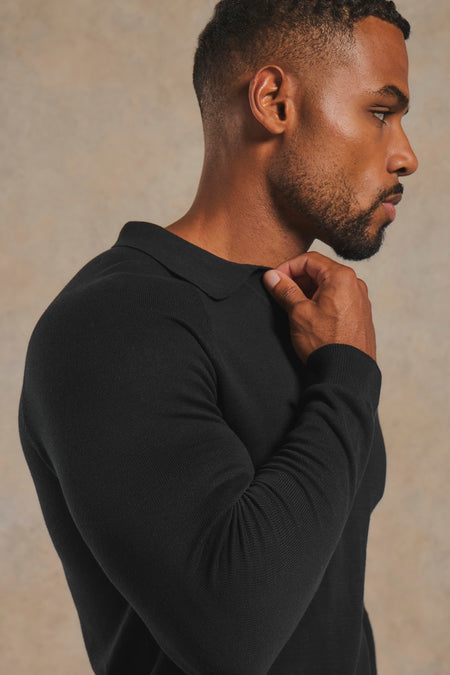 Pure Cotton Knitted Open Collar Polo Shirt in Black