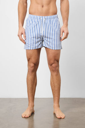 Printed Stripe Swim Short in White/Denim Blue - TAILORED ATHLETE - USA