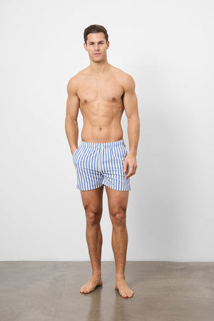 Printed Stripe Swim Short in White/Denim Blue - TAILORED ATHLETE - USA