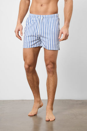 Printed Stripe Swim Short in White/Denim Blue - TAILORED ATHLETE - USA