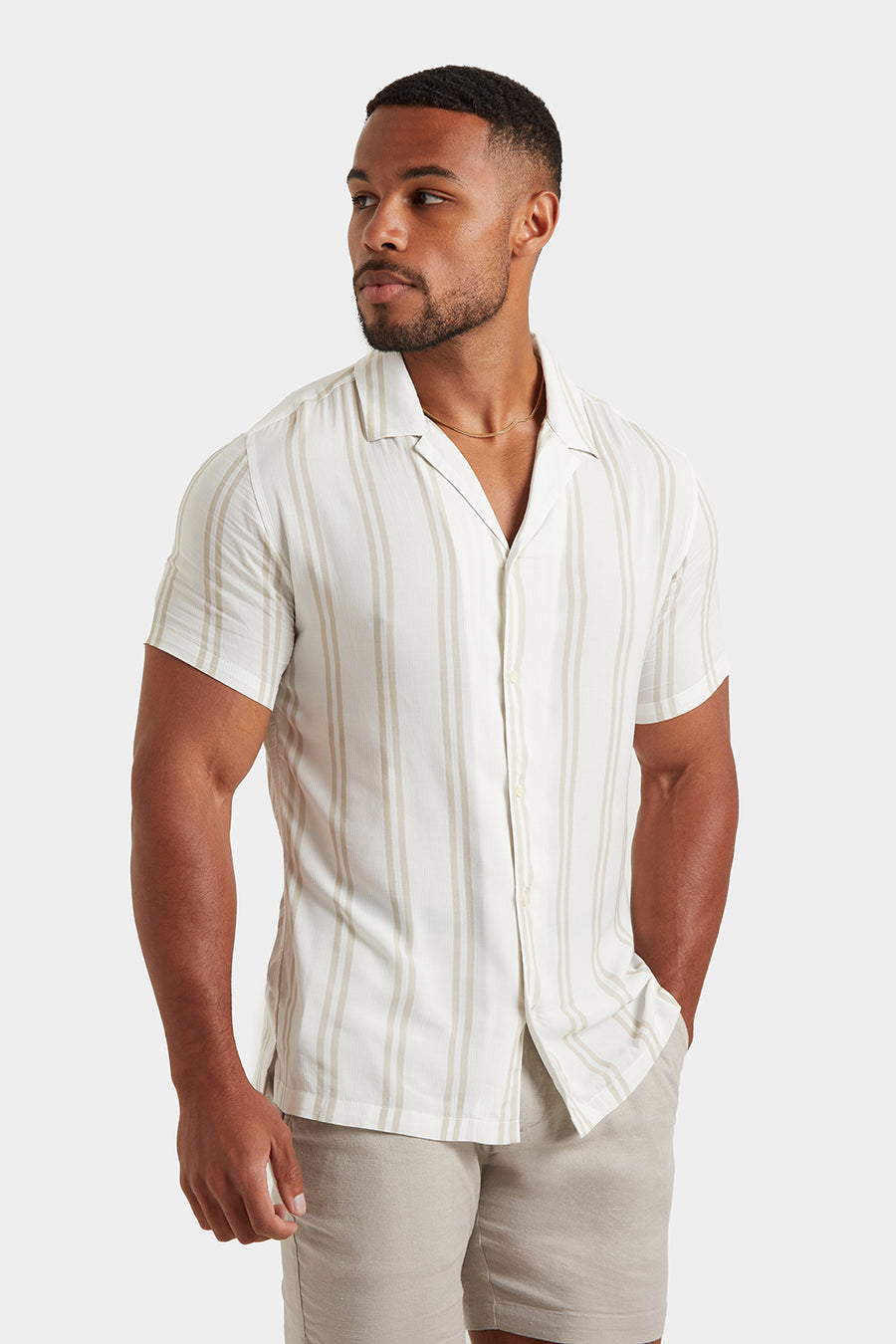 Printed Shirt in Stone Retro Stripe - TAILORED ATHLETE - USA