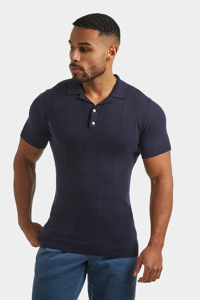 Slate Blue Regular Knitted Long Sleeve Polo Shirt