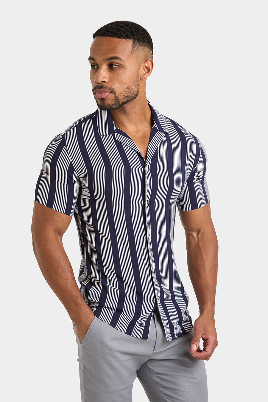 Printed Shirt in Bold Navy Stripe - TAILORED ATHLETE - USA