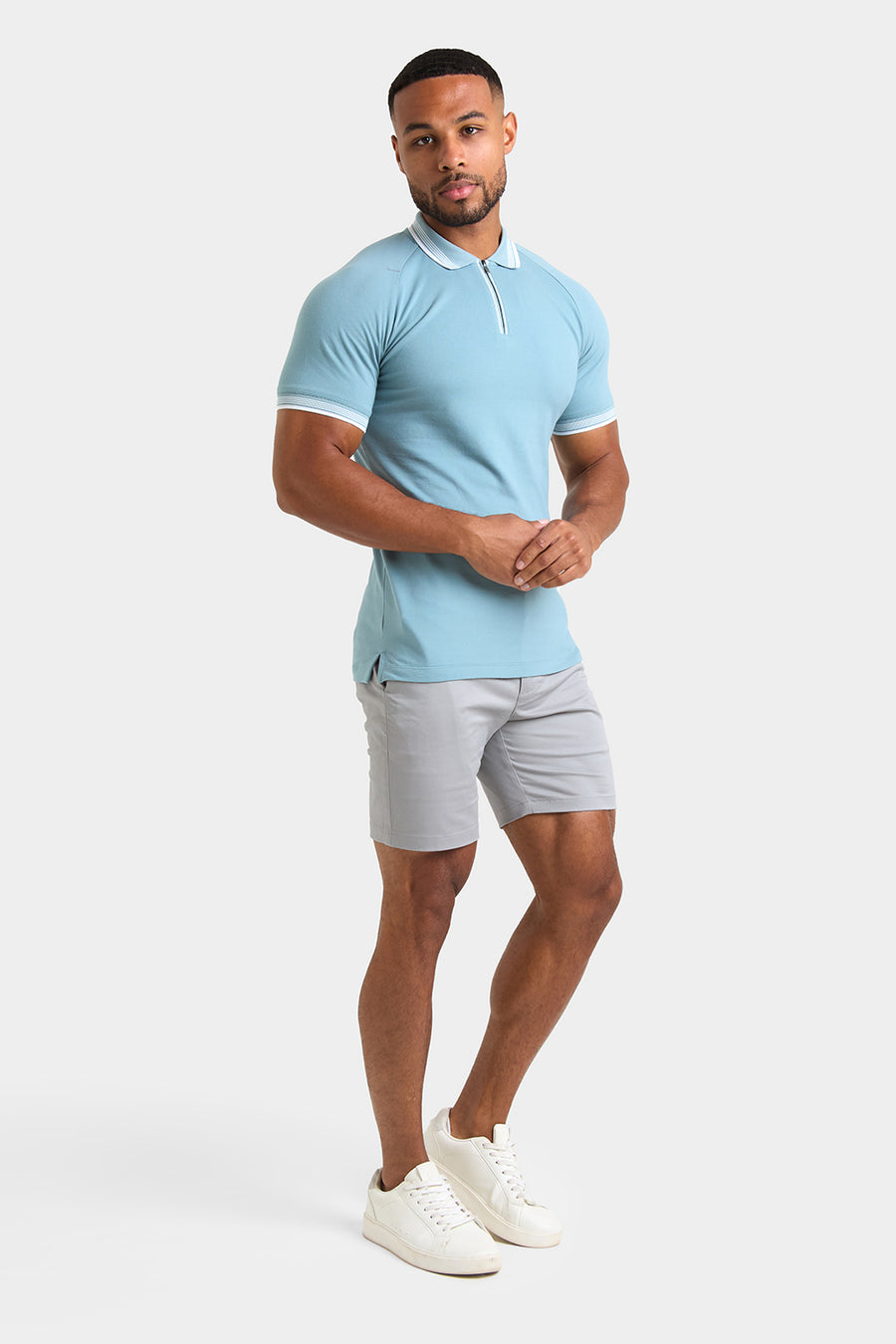 Stripe Tipped Zip Neck Polo Shirt in Aqua - TAILORED ATHLETE - USA