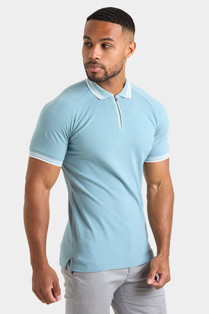 Stripe Tipped Zip Neck Polo Shirt in Aqua - TAILORED ATHLETE - USA