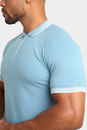 Stripe Tipped Zip Neck Polo Shirt in Aqua - TAILORED ATHLETE - USA