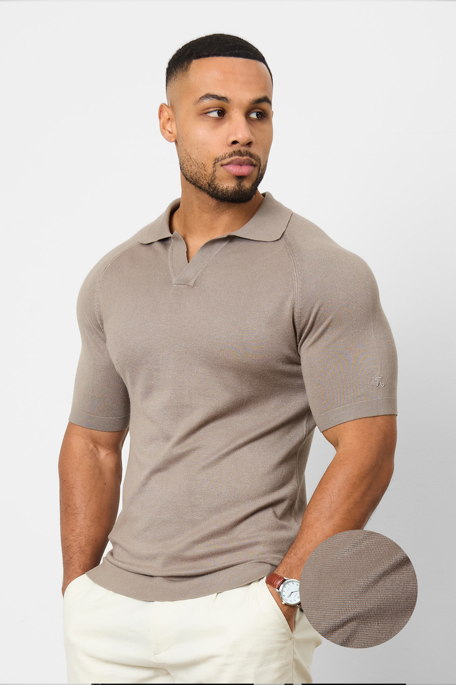 Textured Open Collar Knitted Polo Shirt in Mole - TAILORED ATHLETE - USA