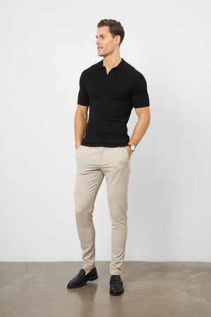 Textured Open Collar Knitted Polo in Black - TAILORED ATHLETE - USA