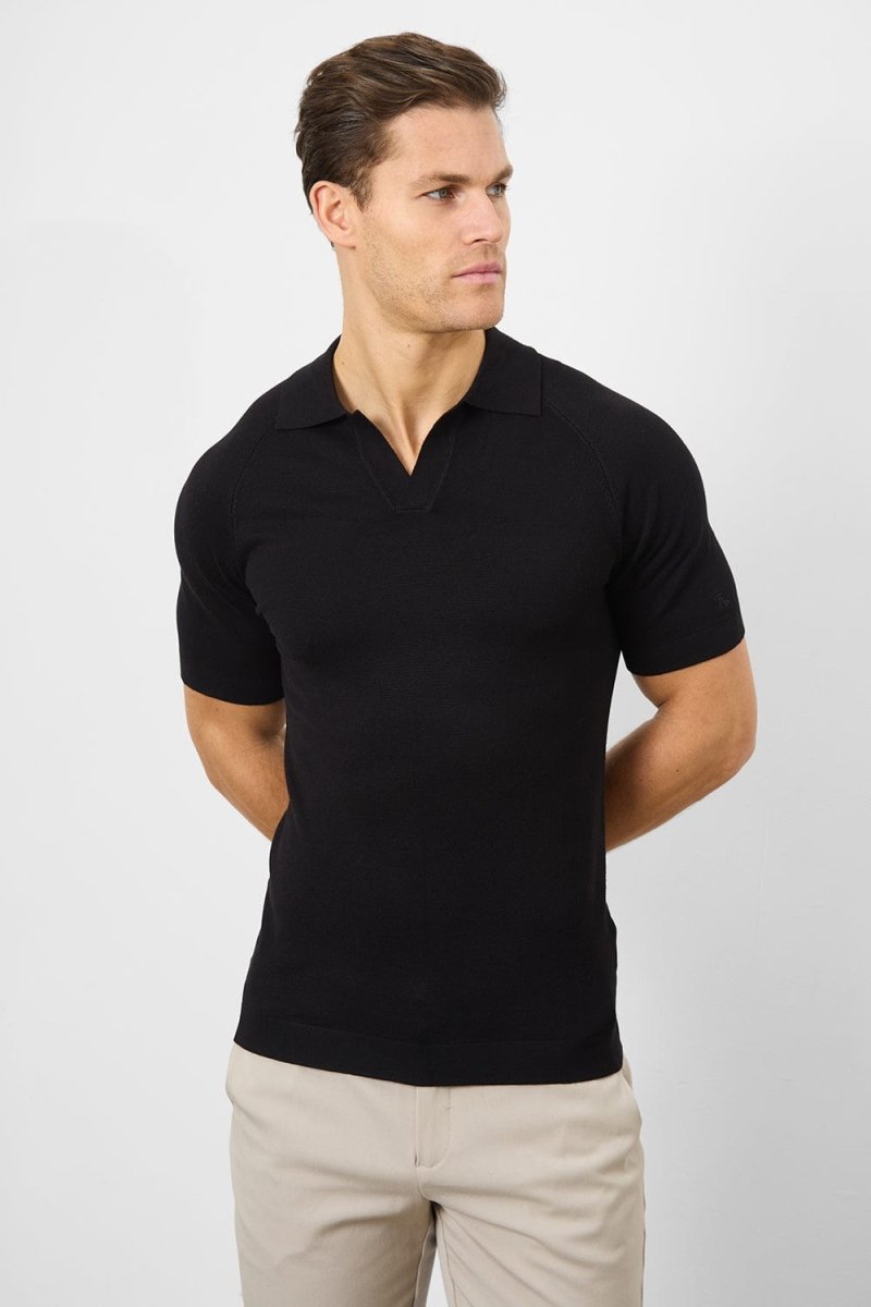 Textured Open Collar Knitted Polo in Black - TAILORED ATHLETE - USA