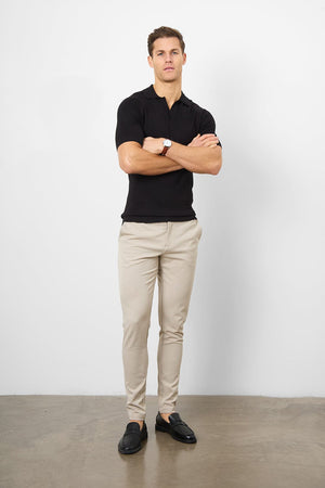 Textured Open Collar Knitted Polo in Black - TAILORED ATHLETE - USA