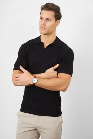 Textured Open Collar Knitted Polo in Black - TAILORED ATHLETE - USA