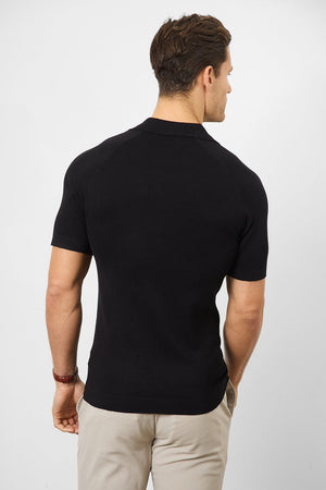 Textured Open Collar Knitted Polo in Black - TAILORED ATHLETE - USA