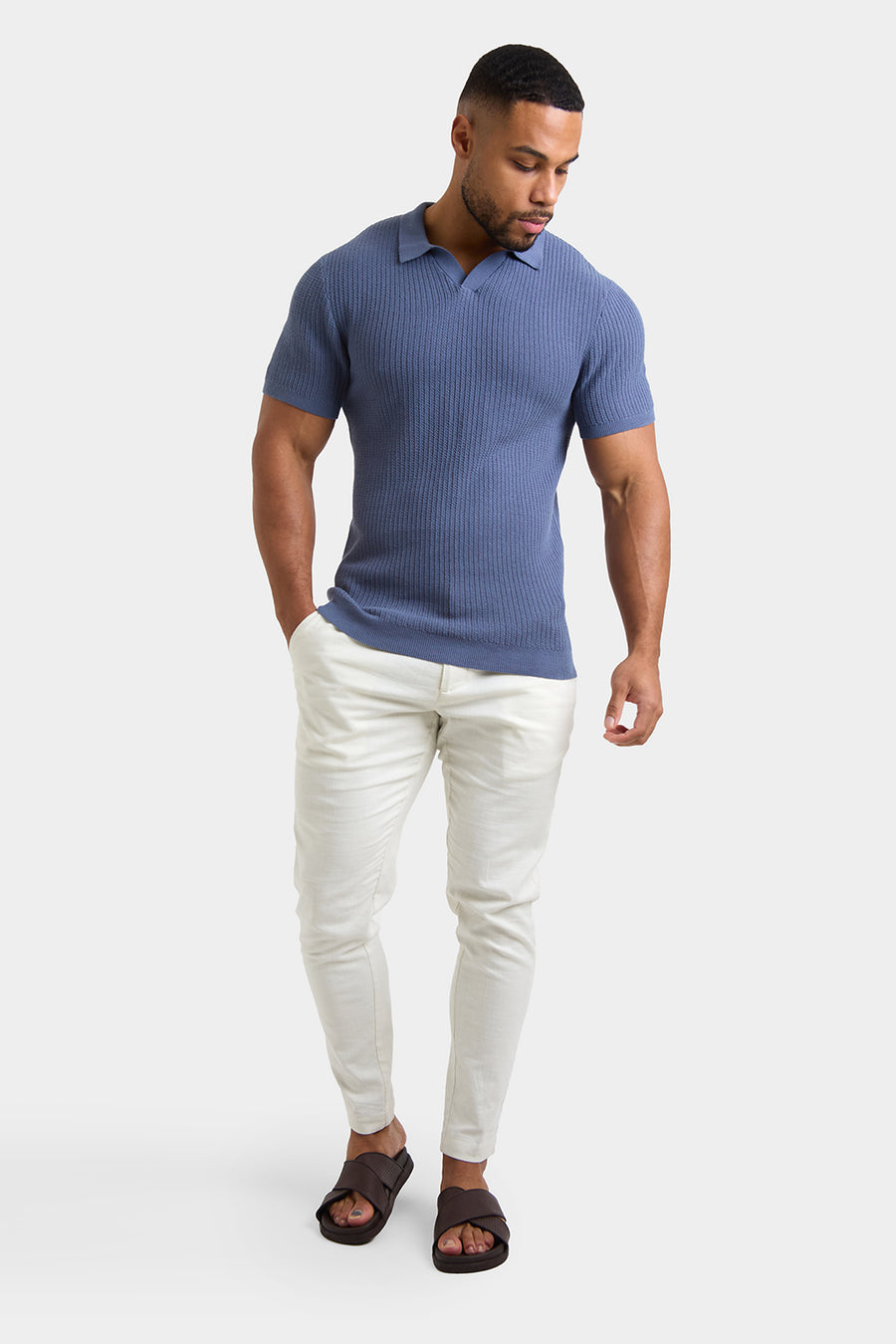 Textured Open Collar Knit Polo in Slate Blue - TAILORED ATHLETE - USA