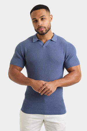 Textured Open Collar Knit Polo in Slate Blue - TAILORED ATHLETE - USA