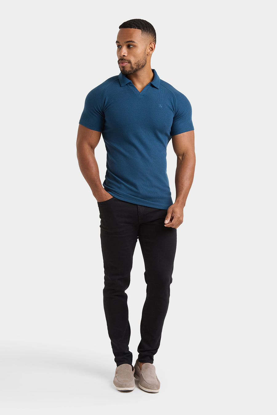 Textured Open Collar Polo Shirt in Teal - TAILORED ATHLETE - USA