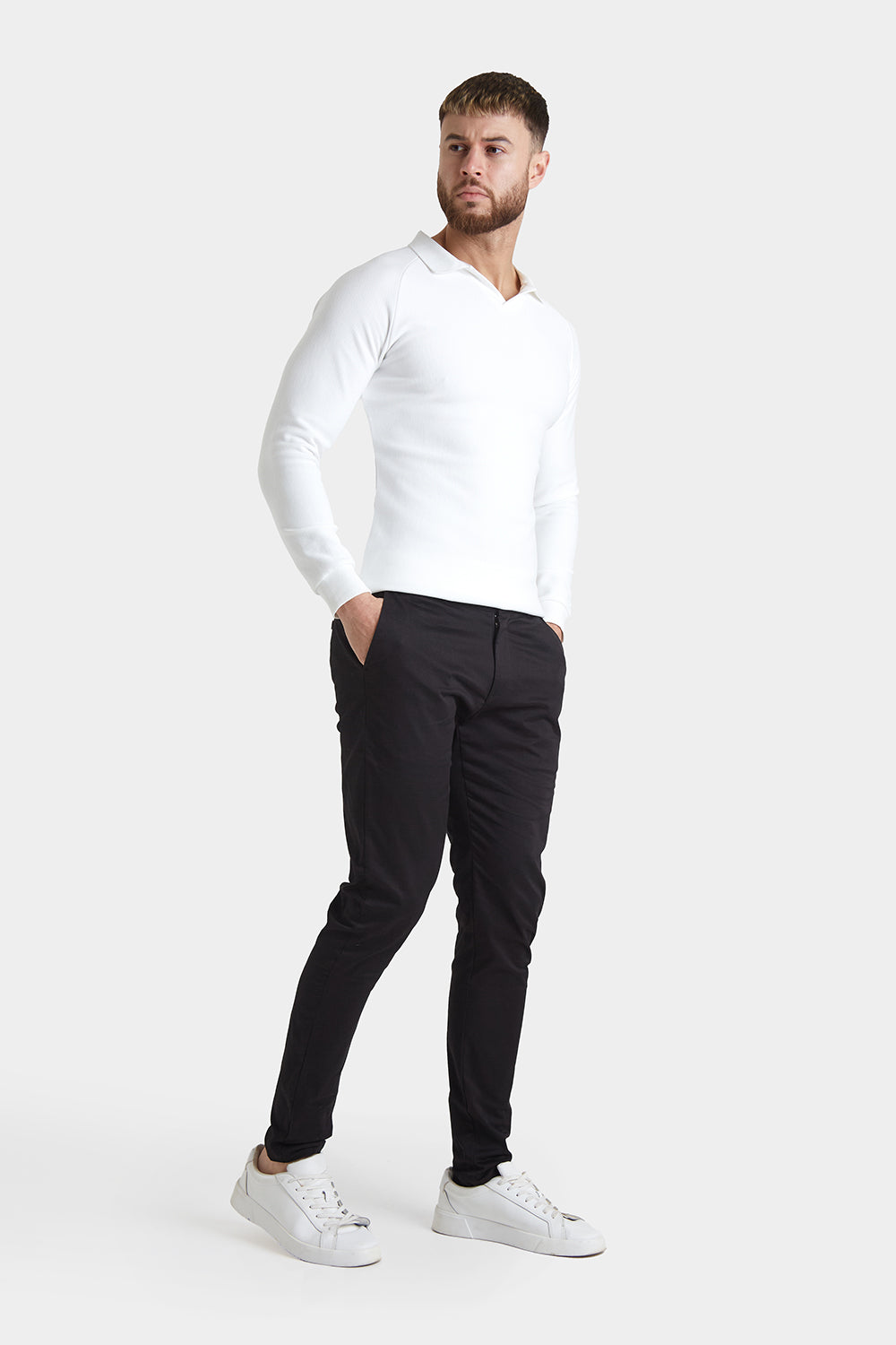 Men's White Long Sleeve Shirt, Navy Chinos, Black Snake Leather Low Top  Sneakers, Black Leather Zip Pouch | メンズファッション, 50代ファッション メンズ, 長袖シャツ