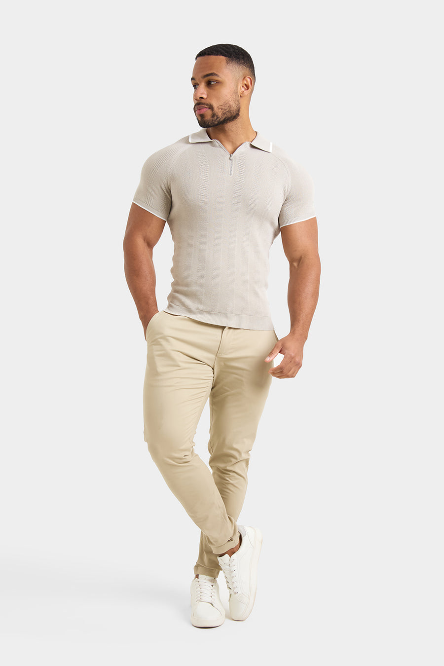 Textured Rib Zip Neck Knit Polo in Stone - TAILORED ATHLETE - USA