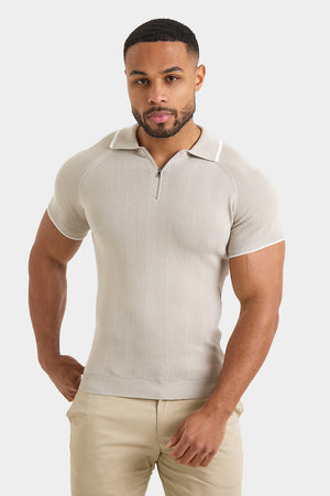 Textured Rib Zip Neck Knit Polo in Stone - TAILORED ATHLETE - USA