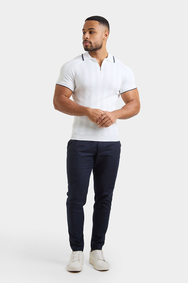Textured Rib Zip Neck Knit Polo in Off White - TAILORED ATHLETE 