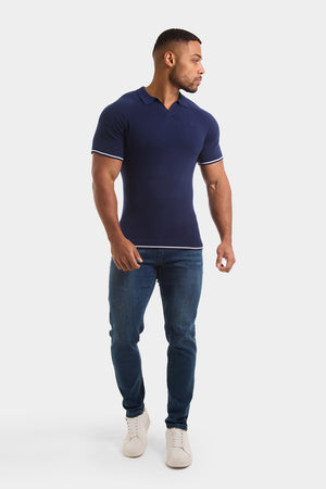 Tipped Buttonless Open Collar Polo in Navy/White - TAILORED ATHLETE - USA