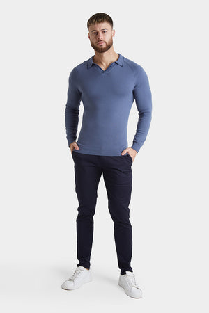 Tipped Buttonless Open Collar Polo in Blue/Navy - TAILORED ATHLETE - USA