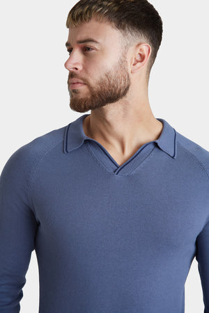 Tipped Buttonless Open Collar Polo in Blue/Navy - TAILORED ATHLETE - USA