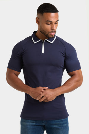 Tipped Zip Neck Polo Shirt in Navy - TAILORED ATHLETE - USA