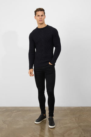 Wool Blend Chunky Cable Crew Neck in Black - TAILORED ATHLETE - USA