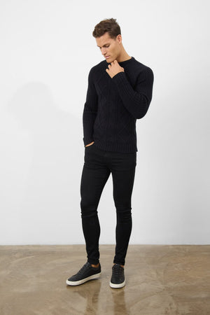 Wool Blend Chunky Cable Crew Neck in Black - TAILORED ATHLETE - USA