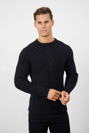 Wool Blend Chunky Cable Crew Neck in Black - TAILORED ATHLETE - USA