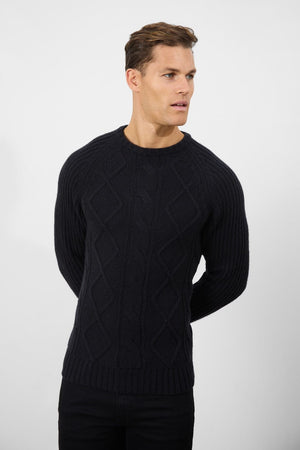 Wool Blend Chunky Cable Crew Neck in Black - TAILORED ATHLETE - USA