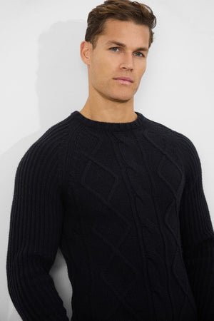 Wool Blend Chunky Cable Crew Neck in Black - TAILORED ATHLETE - USA