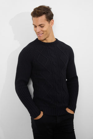 Wool Blend Chunky Cable Crew Neck in Black - TAILORED ATHLETE - USA