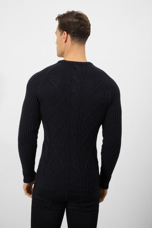 Wool Blend Chunky Cable Crew Neck in Black - TAILORED ATHLETE - USA