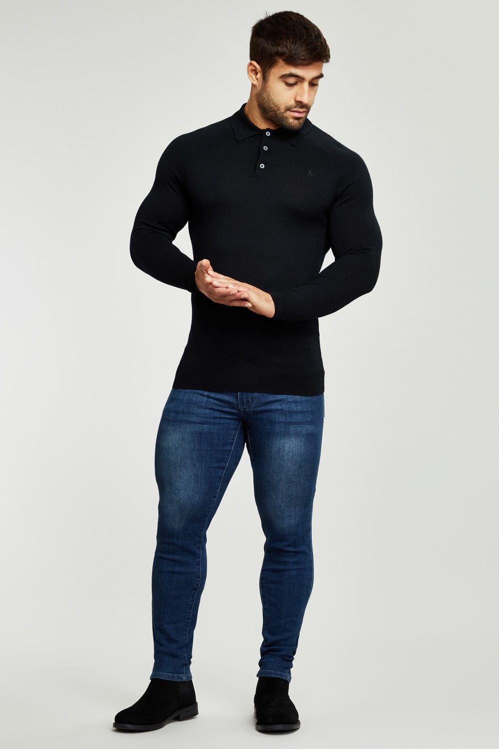Black muscle fit long sleeve polo shirt Clearance