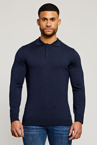 Merino Polo Shirt Long Sleeve in Navy