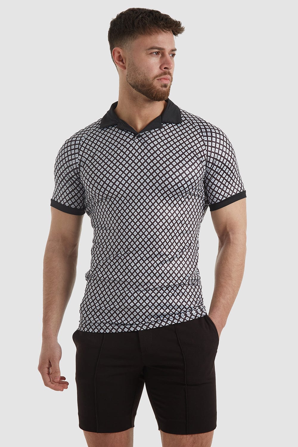 Printed Open Collar Polo Shirt in Geo Print - TAILORED ATHLETE - USA
